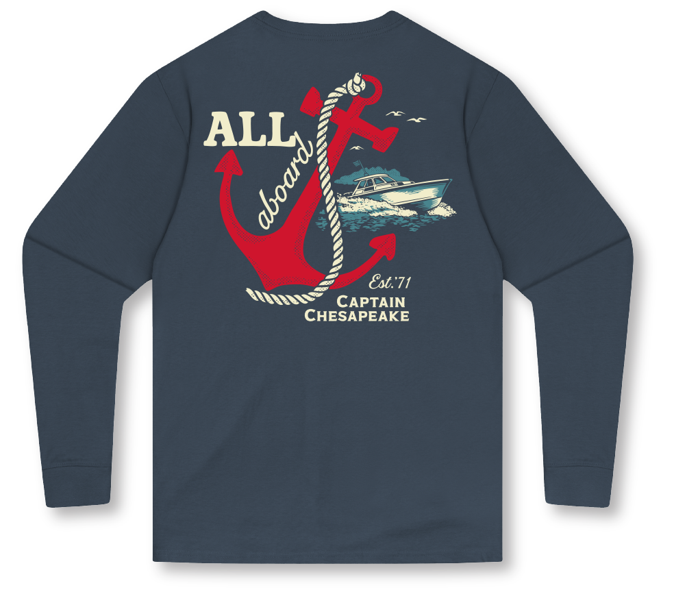 Captain Chesapeake All Aboard long sleeve tee featuring nautical design and comfortable cotton fabric.