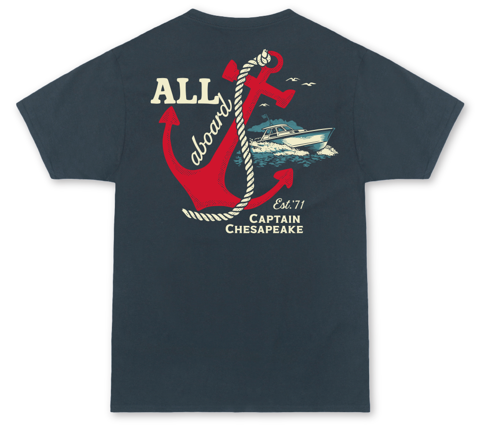 Captain Chesapeake All Aboard short sleeve tee featuring a nautical boat graphic on soft cotton fabric.