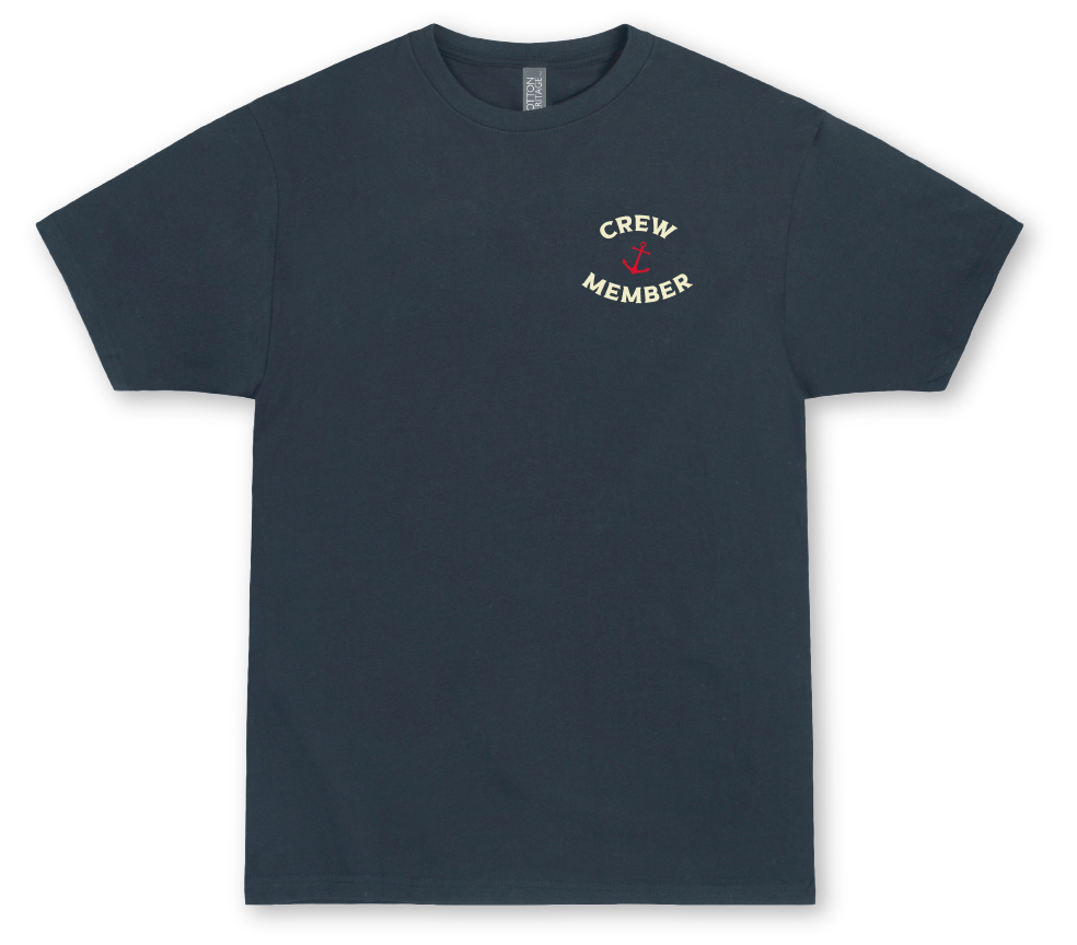 Captain Chesapeake All Aboard short sleeve tee featuring boat-themed graphic and casual fit, displayed on a white background.